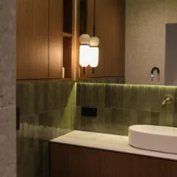 Nowoczesna łazienka z drewnianymi szafkami, zielonymi płytkami i okrągłą lampą. Umywalka nablatowa i bateria w kolorze złota. Minimalistyczny design.