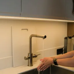 Kuchenny zlew z baterią w odcieniach szarości, woda płynie na dłonie kobiety z zegarkiem. W tle podświetlane szafki i ekspres do kawy.