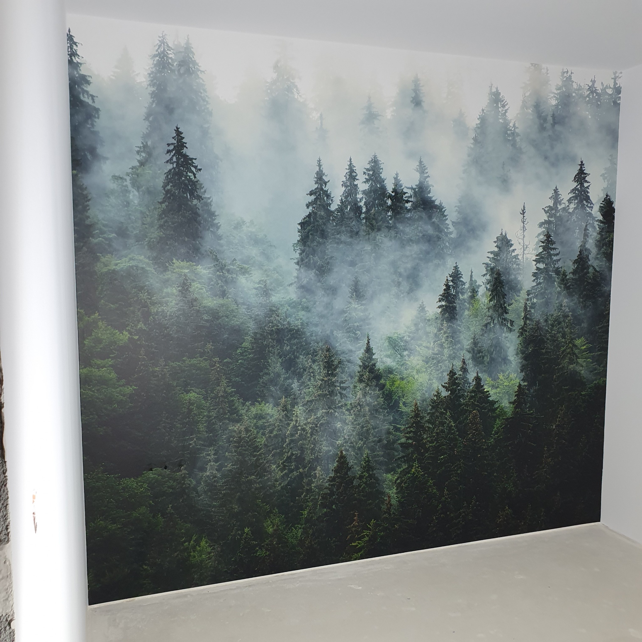 Fototapeta z motywem mglistego lasu iglastego na ścianie w rogu pomieszczenia, widoczna krawędź ściany i fragment surowej podłogi.
