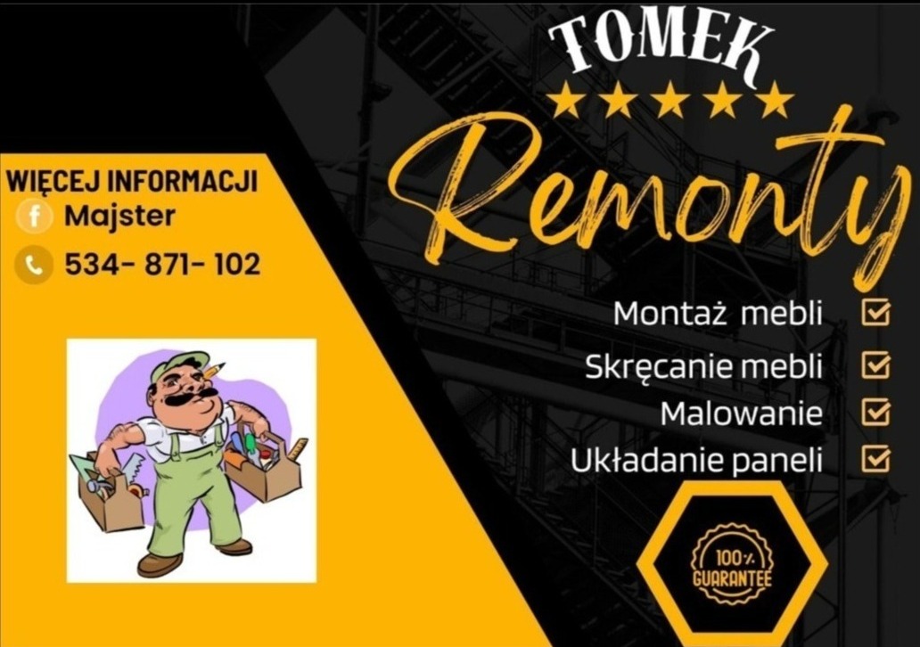 Grafika reklamowa firmy remontowej Tomka z listą usług: montaż mebli, skręcanie mebli, malowanie i układanie paneli, kontakt do firmy i rysunek majstra z narzędziami.