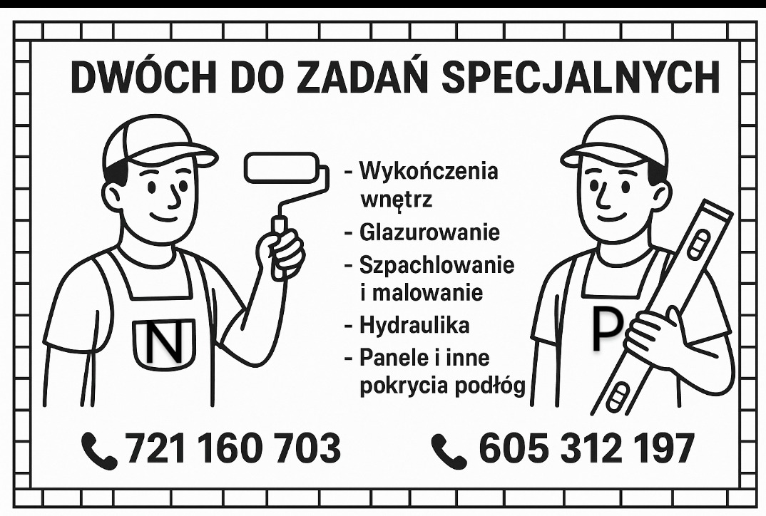 Czarno-biała grafika: dwóch rysunkowych mężczyzn w strojach roboczych, oferujących usługi wykończeniowe, glazurnicze, malarskie, hydrauliczne i układanie paneli. Numery telefonów na dole.