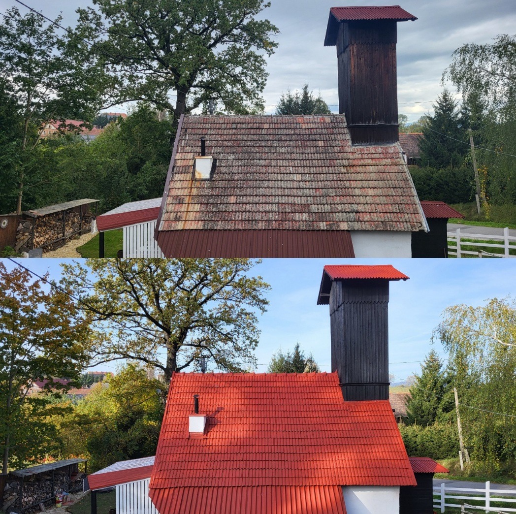Porównanie dachu przed i po renowacji: górna część zdjęcia przedstawia stary, zabrudzony dach z mchem, a dolna część ukazuje dach po malowaniu na jaskrawy czerwony kolor. Widoczna drewniana wieża...