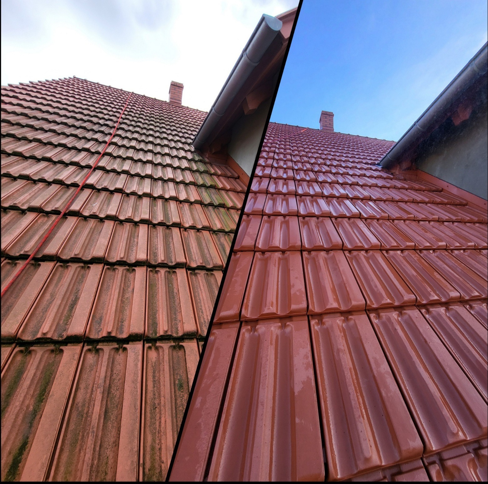 Czerwona dachówka przed i po czyszczeniu, widoczna wyraźna różnica w kolorze i czystości, zarys rynny i komina w tle.