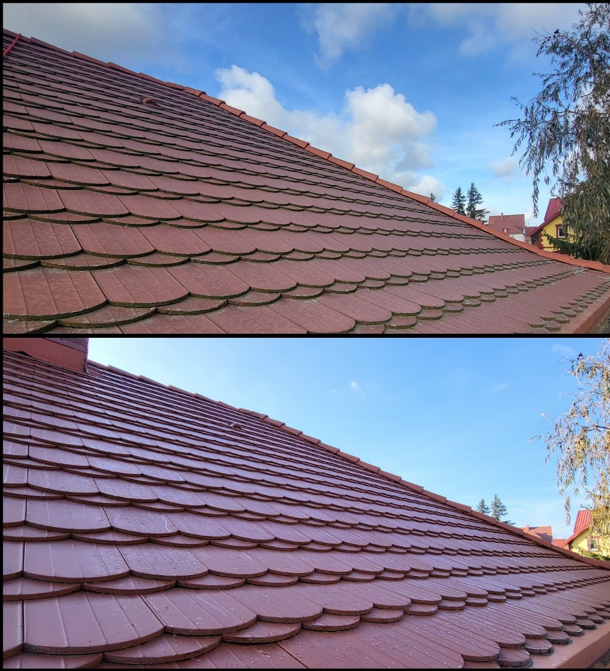 Porównanie dachu przed i po czyszczeniu. Górna część dachu pokryta zabrudzeniami, dolna część czysta i mokra po umyciu, widoczne krople wody. Dachówka karpiówka w kolorze ceglastym, błękitne niebo...
