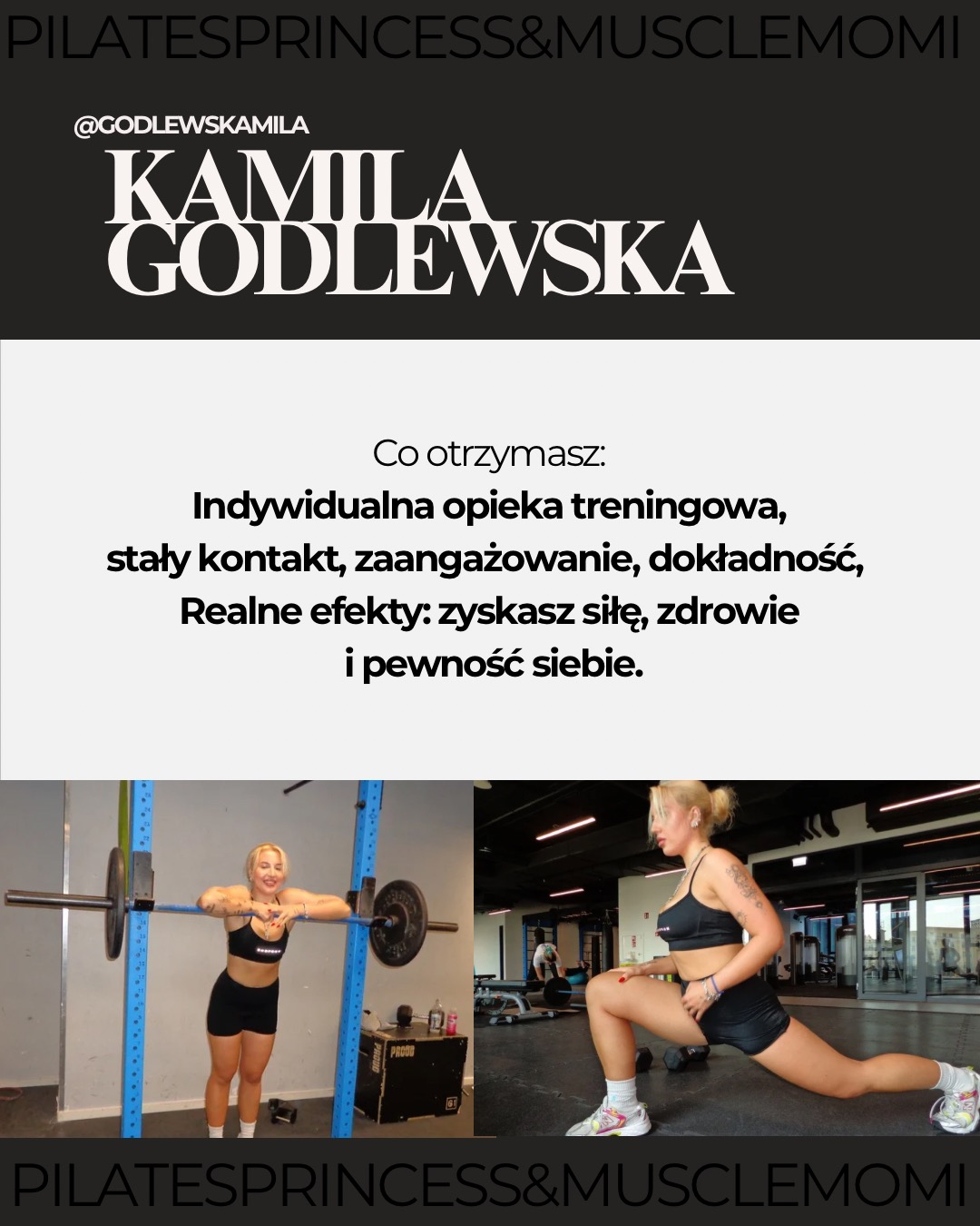 Kolaż zdjęć: blondynka w czarnym stroju sportowym na siłowni, na pierwszym zdjęciu opiera się o sztangę, na drugim wykonuje wypad do przodu. Nad zdjęciami tekst reklamowy z nazwą marki i informacją...