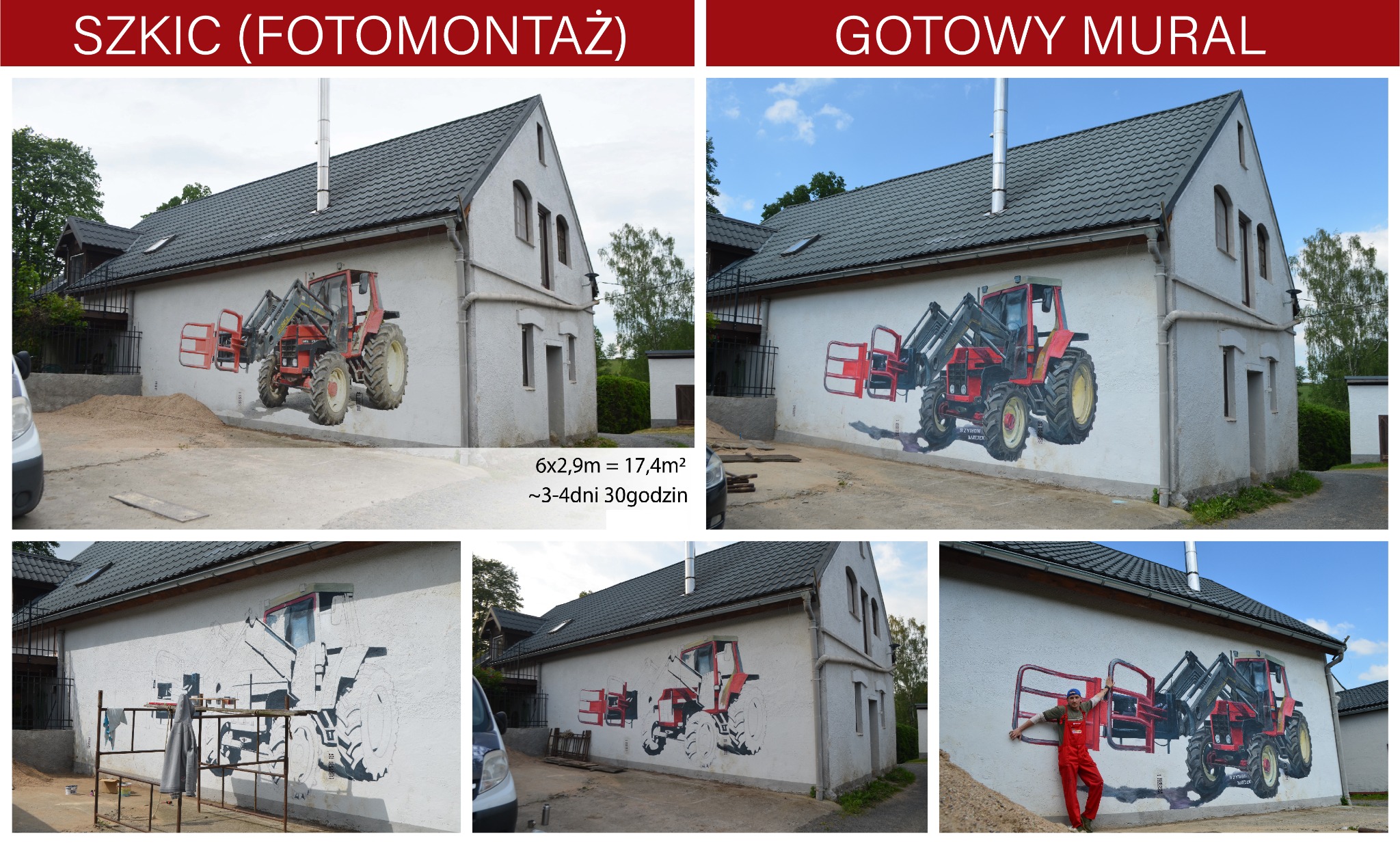 Mural przedstawiający czerwony traktor na ścianie budynku: po lewej szkic, po prawej gotowe malowidło. Widoczne etapy tworzenia muralu, od wstępnego projektu do finalnego efektu.