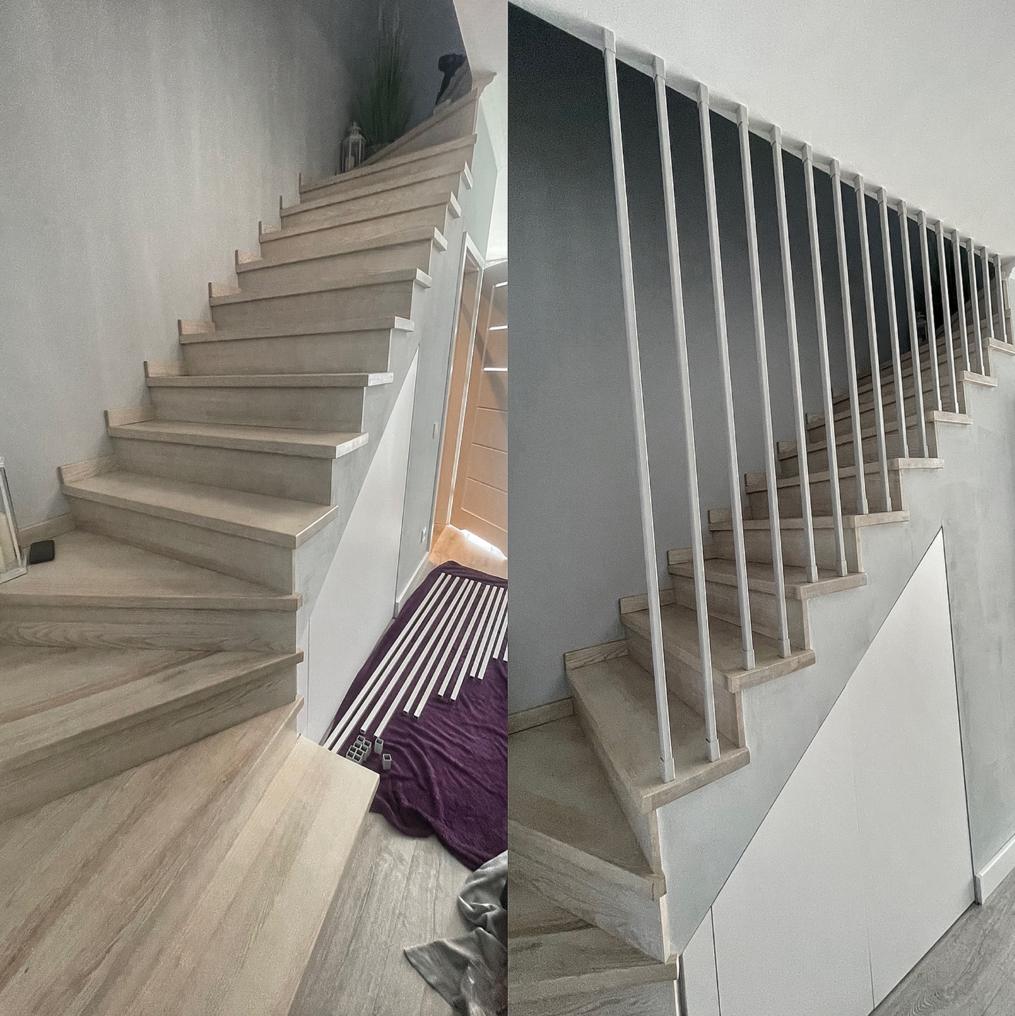 Dzielone ujęcie przedstawia drewniane schody: po lewej stronie bez balustrady, eksponując stopnie i szarą ścianę, a po prawej z zamontowaną białą balustradą z pionowych prętów, z widocznym wejściem...