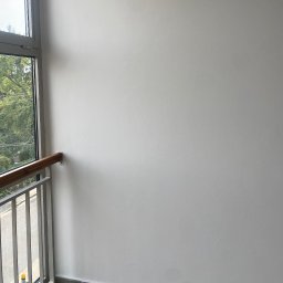 Dominik Mroczkowski - Świeżo pomalowana, jasnoszara ściana wewnętrzna z widoczną częścią okna i fragmentem balustrady balkonu, z widokiem na zieleń za oknem.