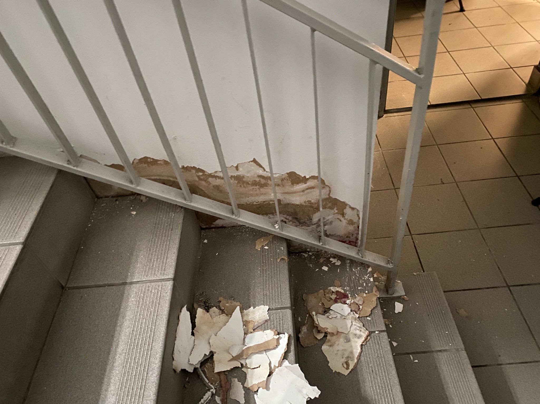 Uszkodzona ściana na klatce schodowej z odpadającym tynkiem i farbą, widoczne schody i metalowa barierka.