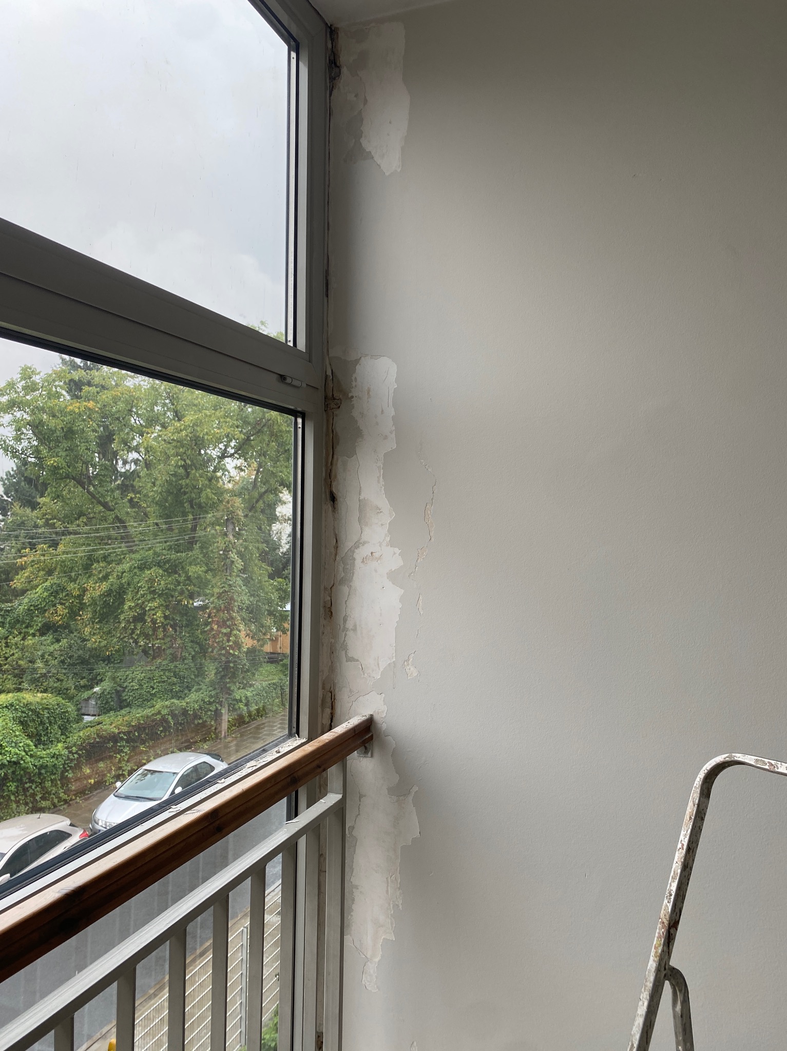Zacieki na ścianie przy oknie balkonowym, fragment drabiny oparty o ścianę, widok na zewnątrz na zieleń i samochody w pochmurny dzień.