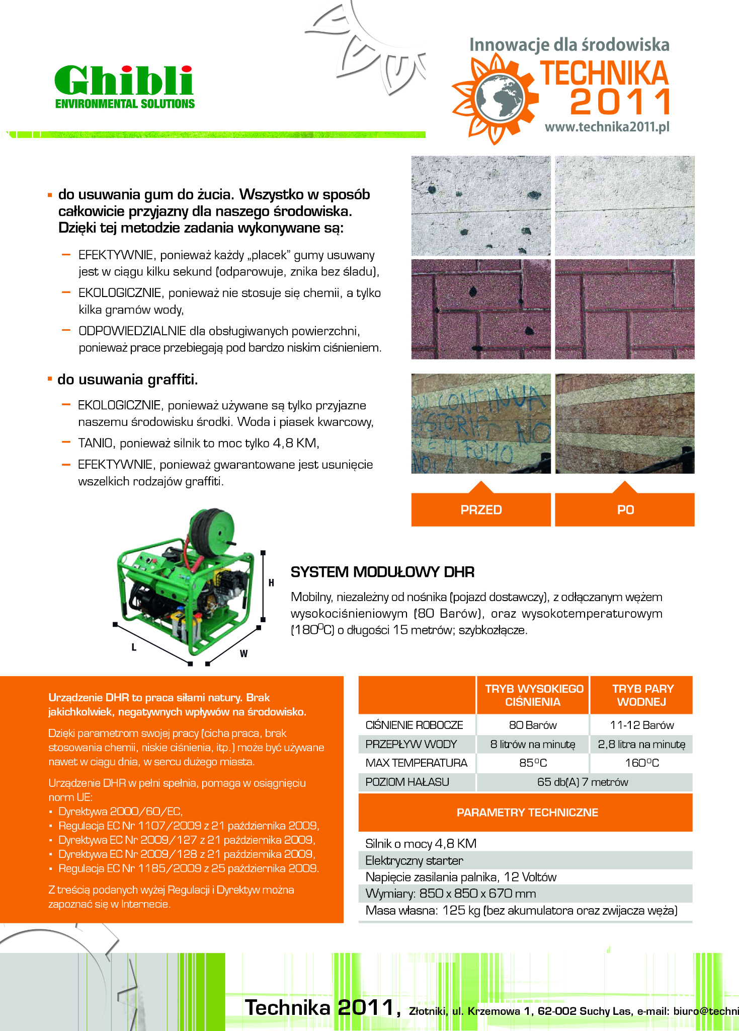 System modułowy DHR do usuwania gum do żucia i graffiti, z diagramem urządzenia, parametrami technicznymi i przykładami efektu przed i po czyszczeniu.
