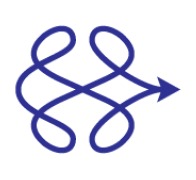 Stylizowany, niebieski symbol przypominający węzeł gordyjski z wyraźnie zaznaczoną strzałką w prawo, na białym tle.