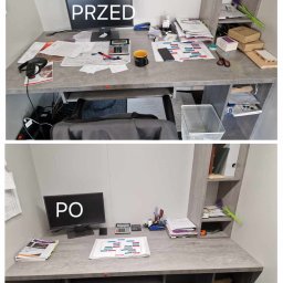 LuZ Cleaner Zbigniew Kurowski - Biurko przed i po posprzątaniu: widoczny bałagan przed i uporządkowany blat po, z monitorem Dell, kalkulatorem i artykułami biurowymi.