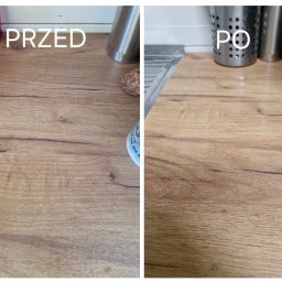 LuZ Cleaner Zbigniew Kurowski - Porównanie blatu kuchennego przed i po czyszczeniu, widoczne drobne zabrudzenia usunięte, tekst 'PRZED' i 'PO' na zdjęciu.