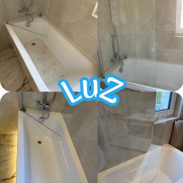 LuZ Cleaner Zbigniew Kurowski - Kolaż prezentujący wannę z zamontowanym parawanem nawannowym przed i po czyszczeniu. Widoczne różnice w czystości powierzchni i armatury.