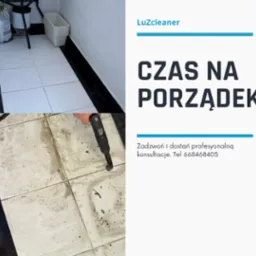 Czyszczenie parowe zabrudzonej podłogi z płytek w Siedlcach. Widoczny efekt czyszczenia oraz urządzenie do czyszczenia parowego.
