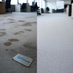 Dywan biurowy: porównanie przed i po praniu. Po lewej widoczne plamy i wizytówka, po prawej czysta, szara powierzchnia. Perspektywa z dołu, oświetlenie biurowe.