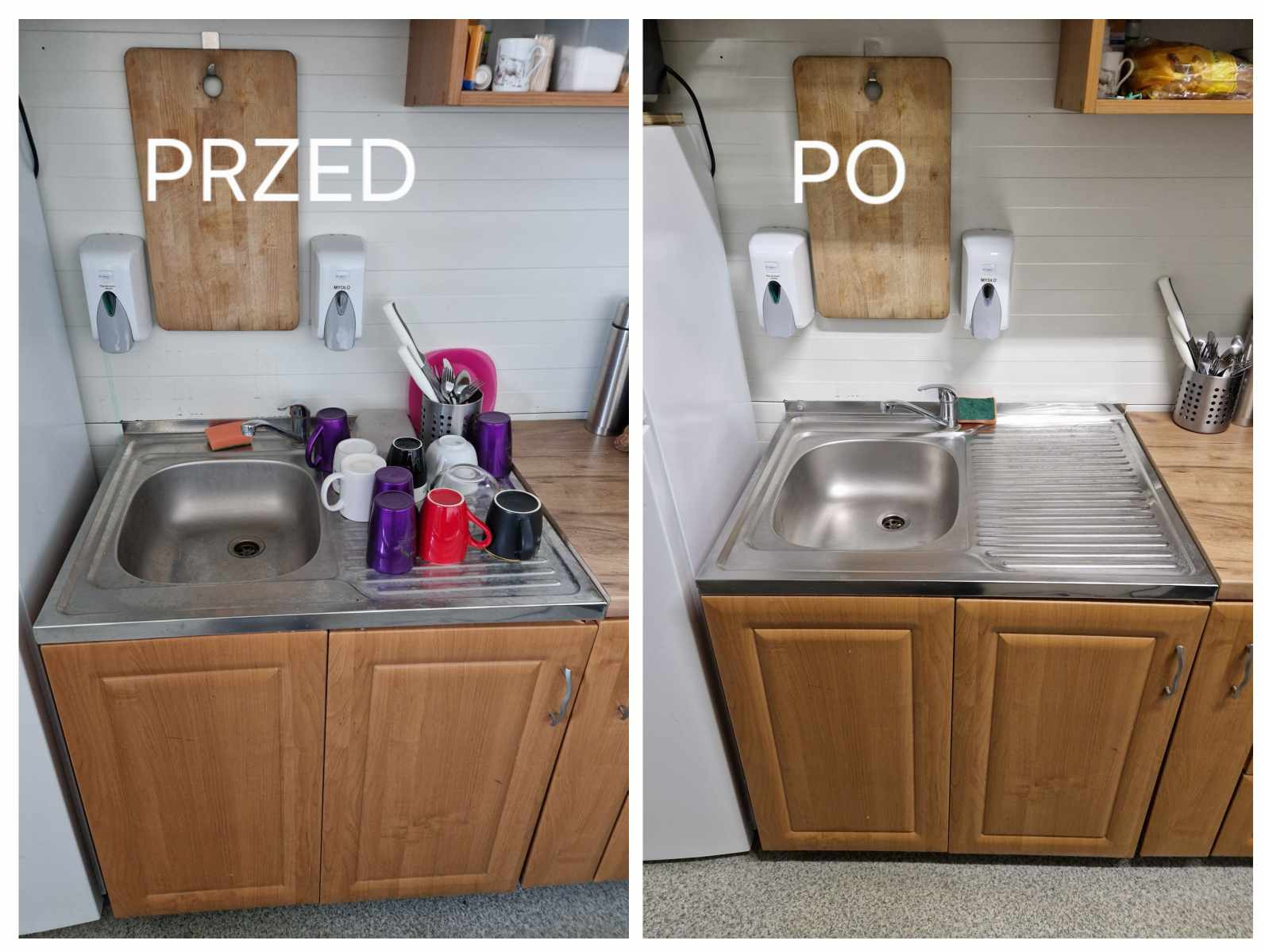 Zlewozmywak w kuchni biurowej: widok przed i po umyciu naczyń, zlew po prawej stronie lśniący czystością, a po lewej stronie pełen brudnych kubków i naczyń.