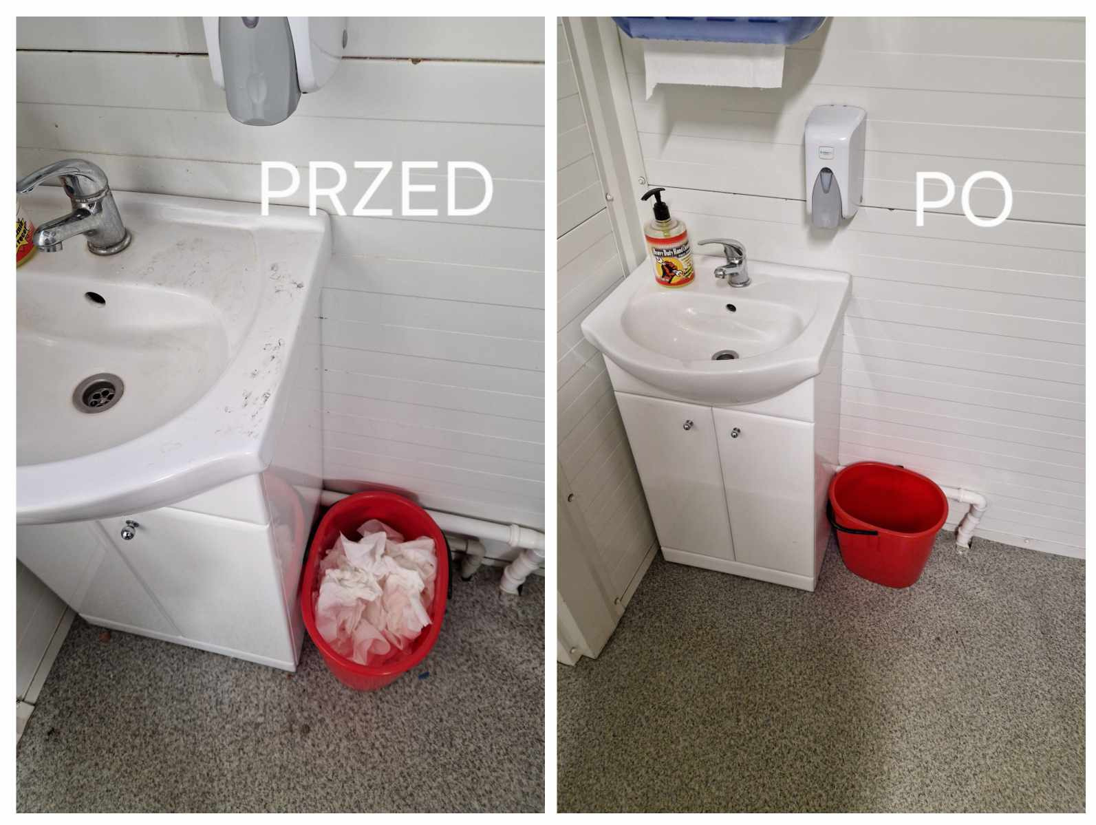 Porównanie stanu umywalki w szafce przed i po czyszczeniu, widoczne różnice w czystości powierzchni i otoczenia, z czerwonym wiadrem na śmieci w obu ujęciach.