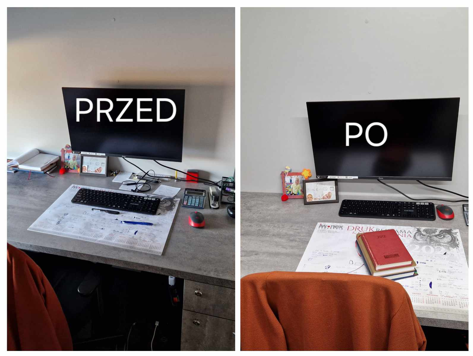 Porównanie biurka przed i po posprzątaniu: bałagan z kalendarzem, długopisami, okularami i kalkulatorem vs uporządkowane biurko z kalendarzem, notatnikiem i zdjęciami w ramkach.