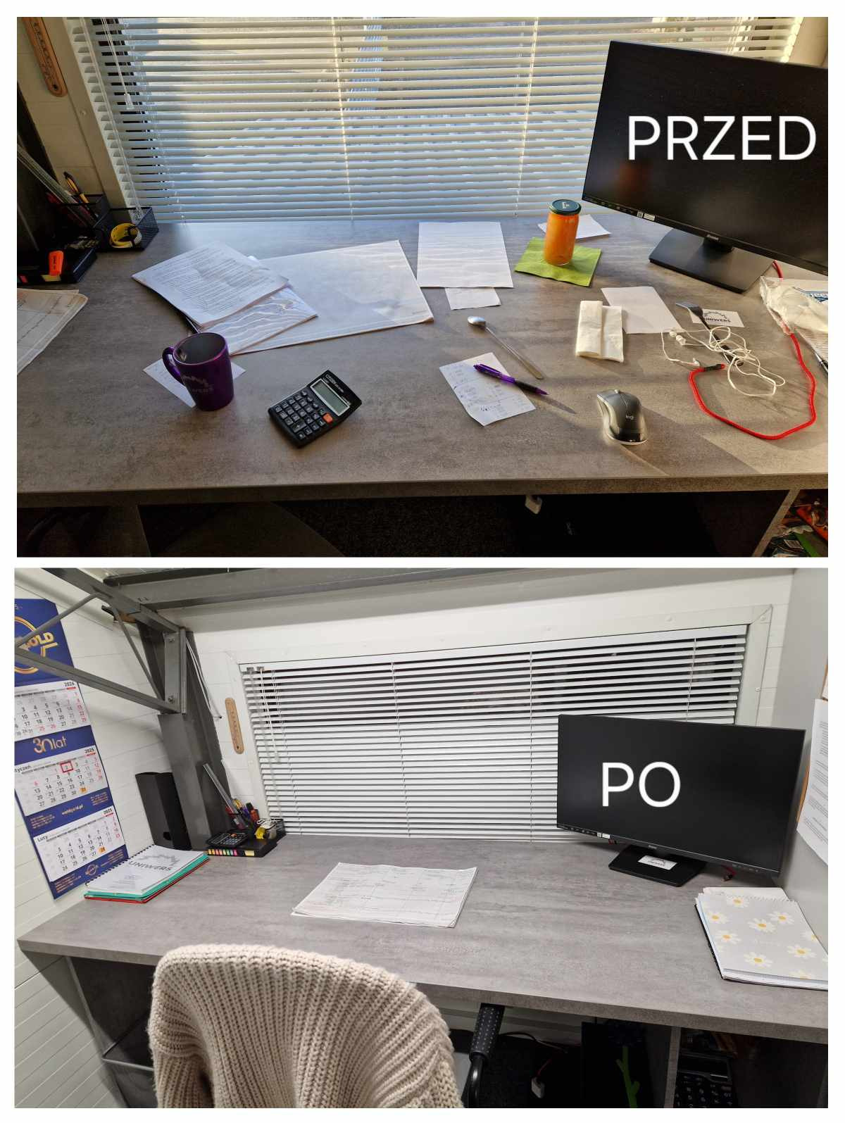 Biurko w Siedlcach przed i po posprzątaniu: widoczny bałagan z dokumentami, kalkulatorem i kubkiem przed, a po uporządkowane dokumenty i czysty monitor.