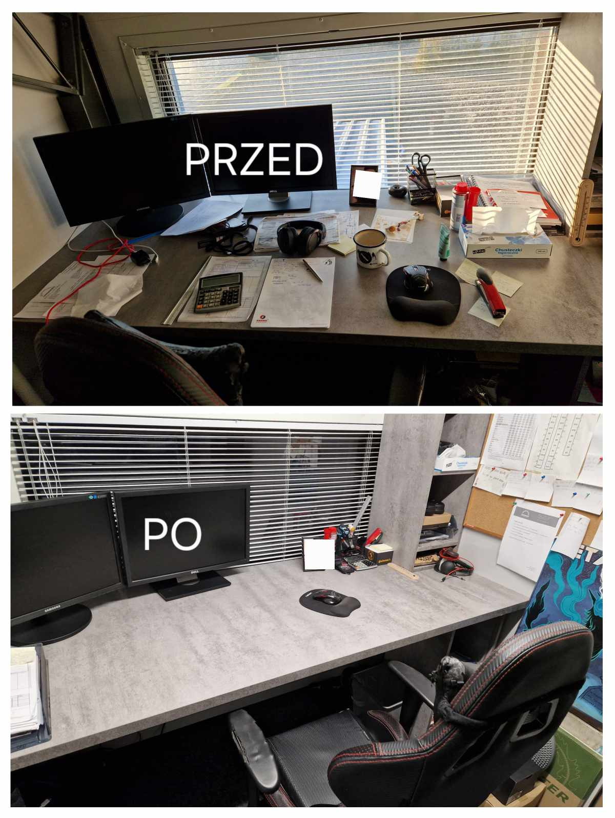 Porównanie biurka przed i po posprzątaniu: bałagan z dokumentami, słuchawkami, kubkiem i przyborami biurowymi kontra uporządkowana przestrzeń z dwoma monitorami i minimalistycznymi akcesoriami.