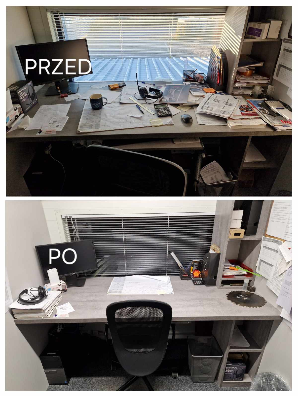 Porównanie biurka przed i po: bałagan z dokumentami, kubkiem i słuchawkami kontra uporządkowana przestrzeń z czystym blatem i posegregowanymi akcesoriami biurowymi.