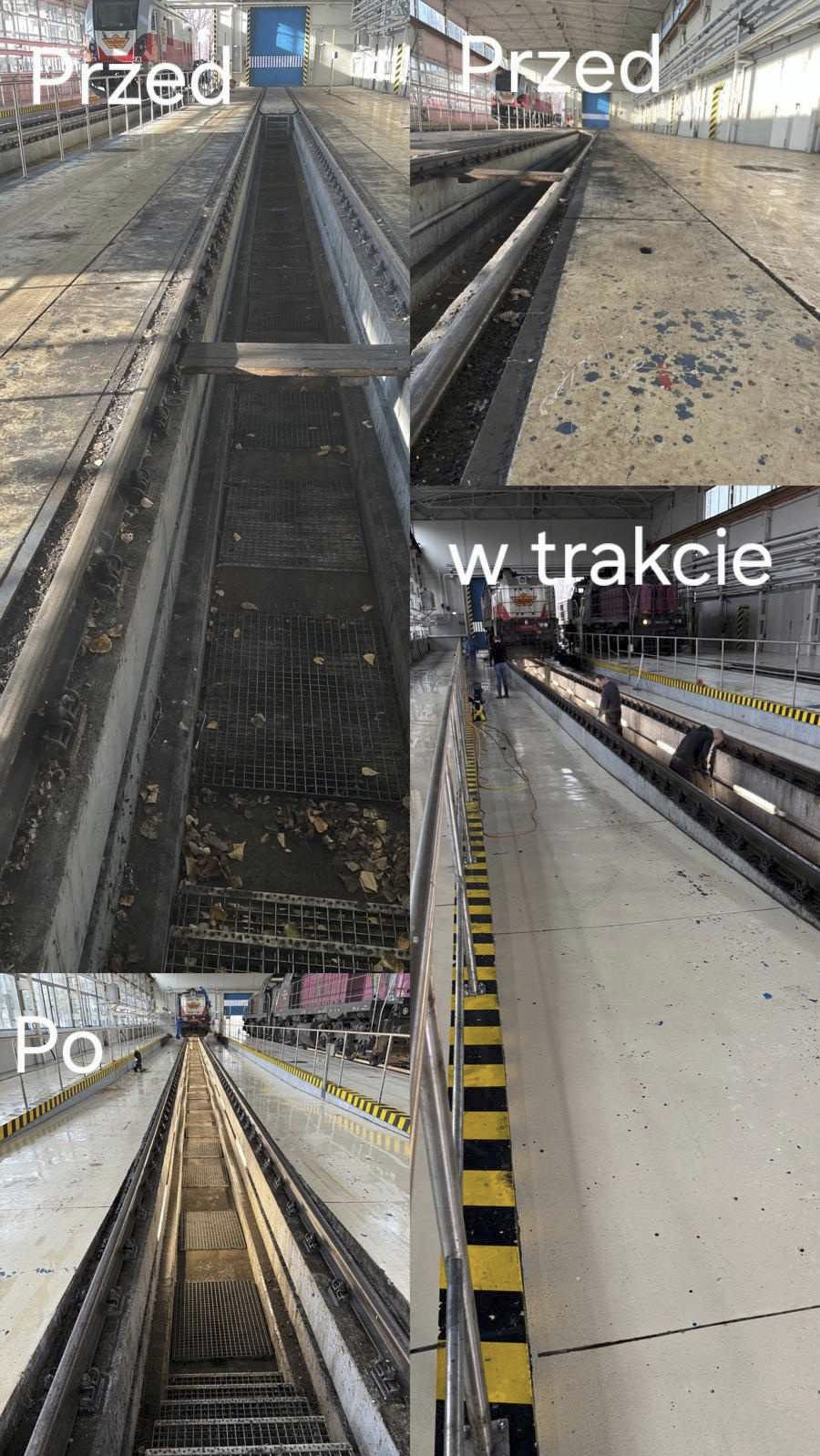 Kompozycja trzech ujęć: widok na kanał rewizyjny przed czyszczeniem, w trakcie czyszczenia z pracownikami oraz po zakończonym procesie, prezentujący różnicę w czystości.