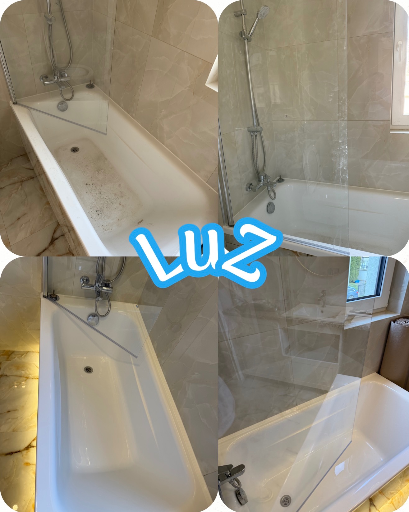 Kolaż prezentujący wannę z zamontowanym parawanem nawannowym przed i po czyszczeniu. Widoczne różnice w czystości powierzchni i armatury.