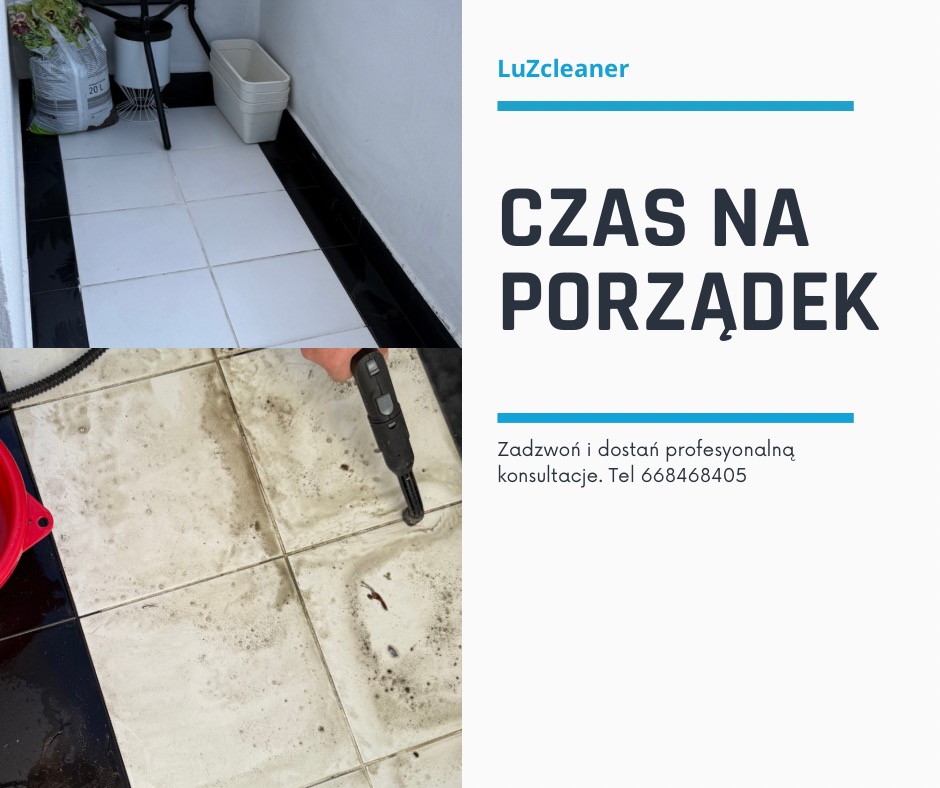 Czyszczenie parowe zabrudzonej podłogi z płytek w Siedlcach. Widoczny efekt czyszczenia oraz urządzenie do czyszczenia parowego.