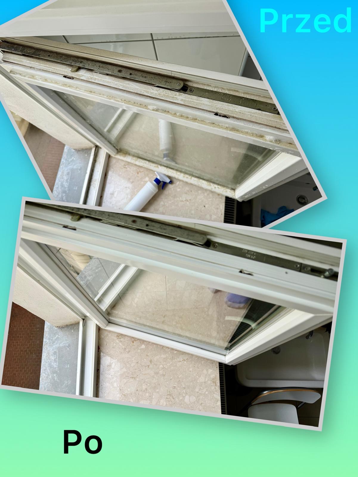 Okno PCV przed i po czyszczeniu, widoczne zabrudzenia i efekt po umyciu. Na dolnym ujęciu okno czyste, z połyskiem. Ujęcie z góry.