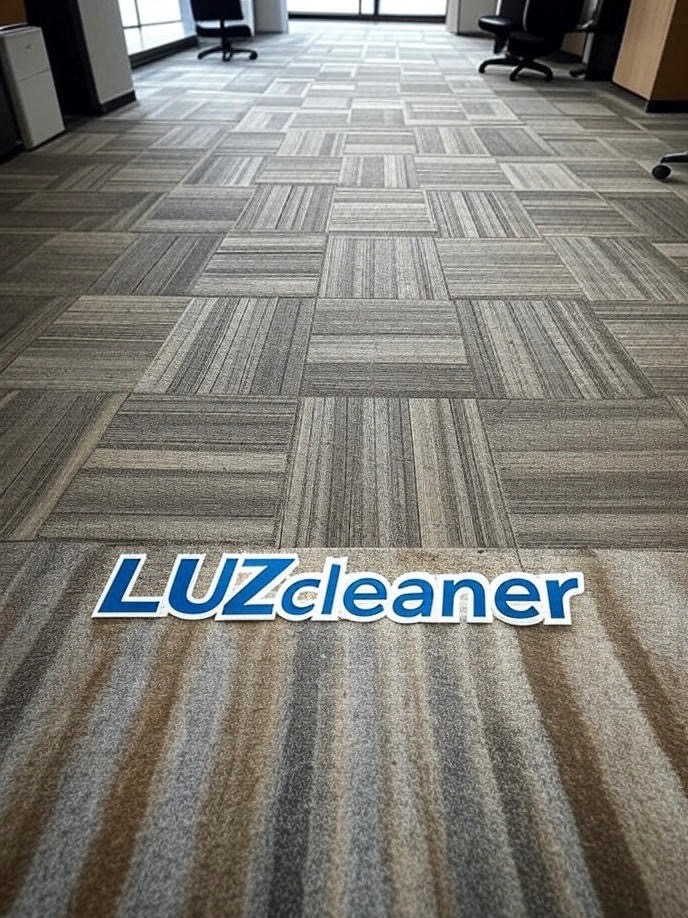 Wzorzysta wykładzina biurowa w odcieniach szarości z logo 'LUZcleaner' na pierwszym planie. Widok z perspektywy podłogi, w tle krzesła biurowe i okno.