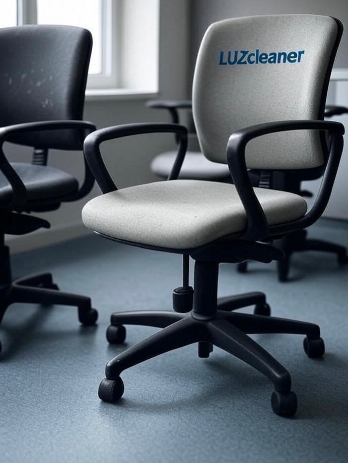 Wnętrze biura z krzesłami obrotowymi, jedno z logo 'LUZcleaner' na oparciu, sugerujące usługę sprzątania biur. Widoczne ślady użytkowania na jednym z krzeseł.