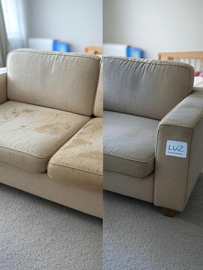 Beżowa kanapa: po lewej widoczne silne zabrudzenia, po prawej wyprana, czysta tapicerka. Efekt przed i po praniu. Na boku naklejka z logo firmy.