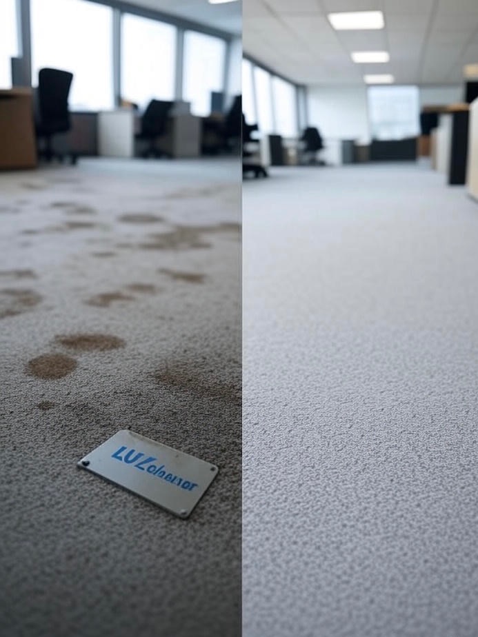 Dywan biurowy: porównanie przed i po praniu. Po lewej widoczne plamy i wizytówka, po prawej czysta, szara powierzchnia. Perspektywa z dołu, oświetlenie biurowe.