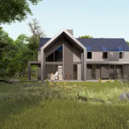 Wizualizacja nowoczesnego domu z dwuspadowym dachem, elewacją z kamienia i betonu, dużymi przeszkleniami i kominkiem zewnętrznym, otoczonego zielenią i wysoką trawą.