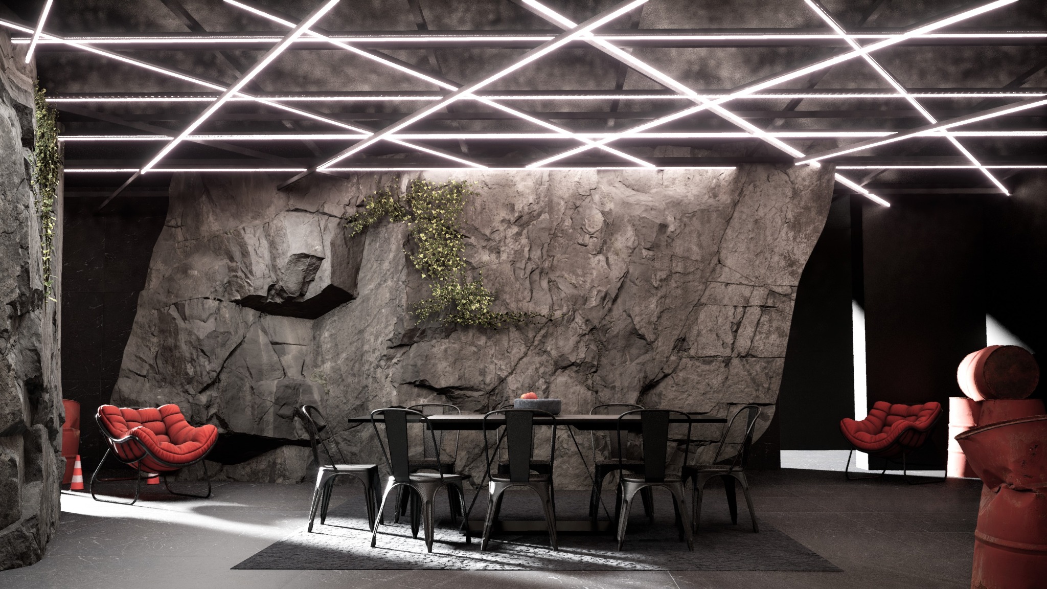 Wnętrze restauracji z surowymi ścianami imitującymi skały, nowoczesnym oświetleniem LED, czarnymi metalowymi krzesłami i czerwonymi fotelami dla kontrastu.