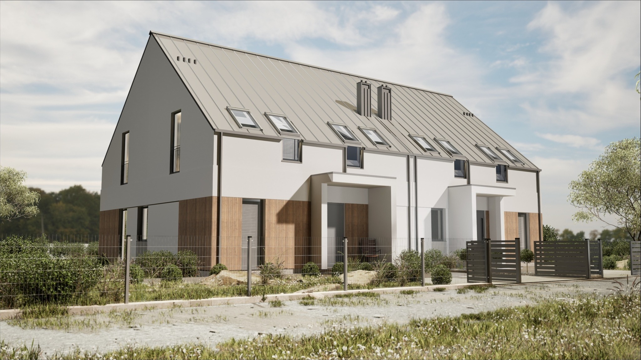 Wizualizacja szeregowca z szarą blachą na dachu, drewnianą elewacją i licznymi oknami dachowymi, otoczona zielenią i ogrodzeniem.
