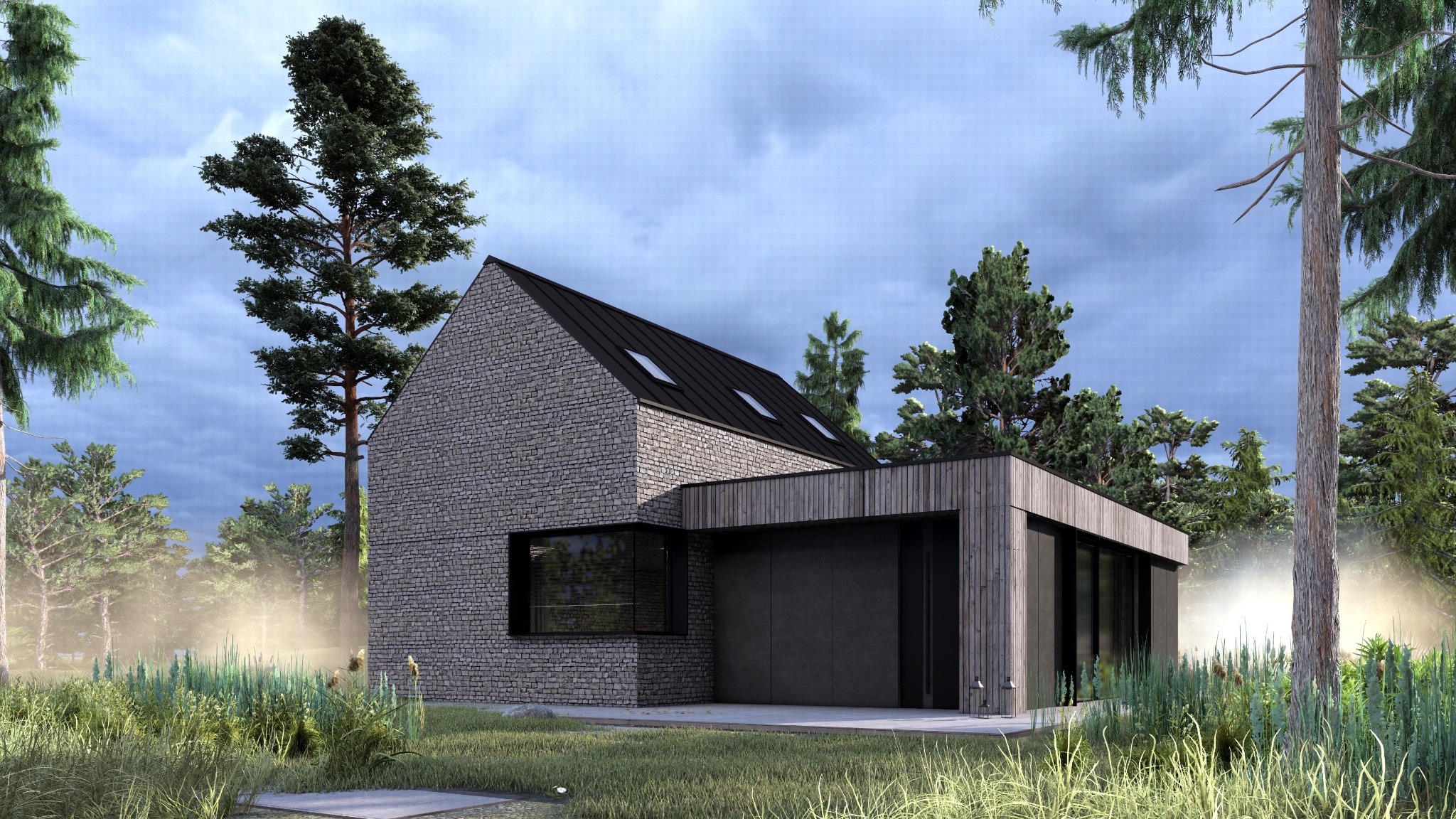 Wizualizacja nowoczesnego domu jednorodzinnego z elewacją z kamienia i drewnianą dobudówką, otoczonego zielenią i wysokimi drzewami, z widocznymi oknami i dachem z lukarnami.