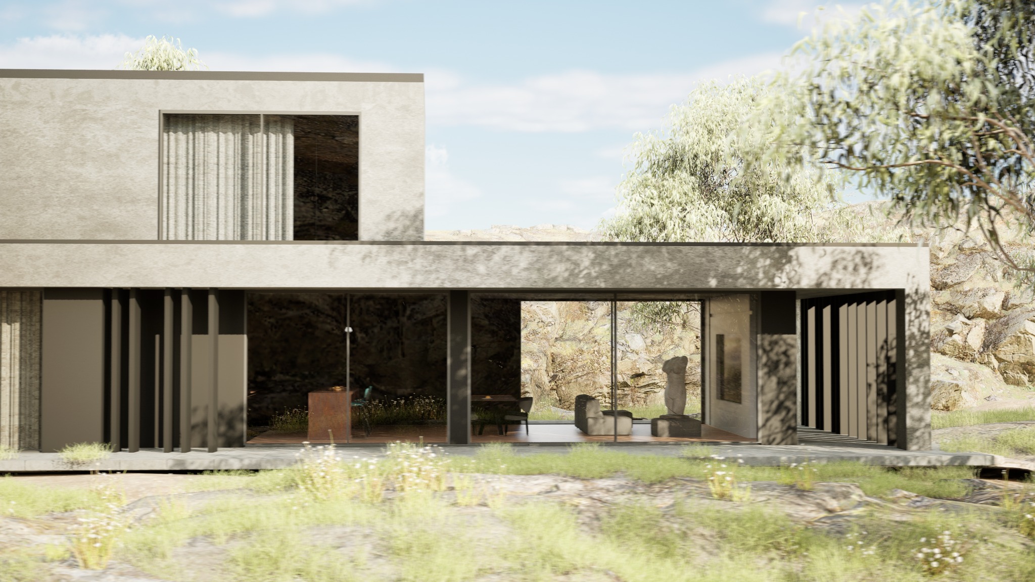 Dwukondygnacyjny dom o minimalistycznej architekturze, z dużymi przeszkleniami, wkomponowany w skalisty krajobraz z roślinnością, widoczne elementy wyposażenia wnętrza i rzeźba.