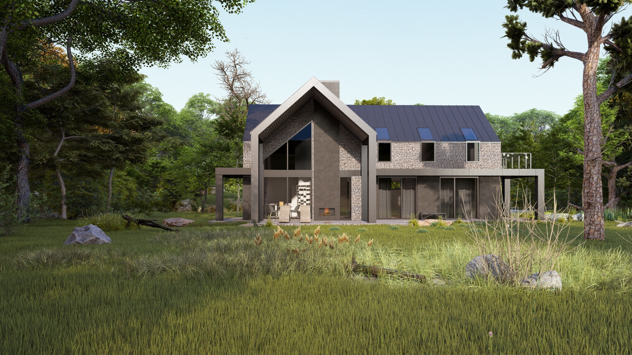Wizualizacja nowoczesnego domu z dwuspadowym dachem, elewacją z kamienia i betonu, dużymi przeszkleniami i kominkiem zewnętrznym, otoczonego zielenią i wysoką trawą.