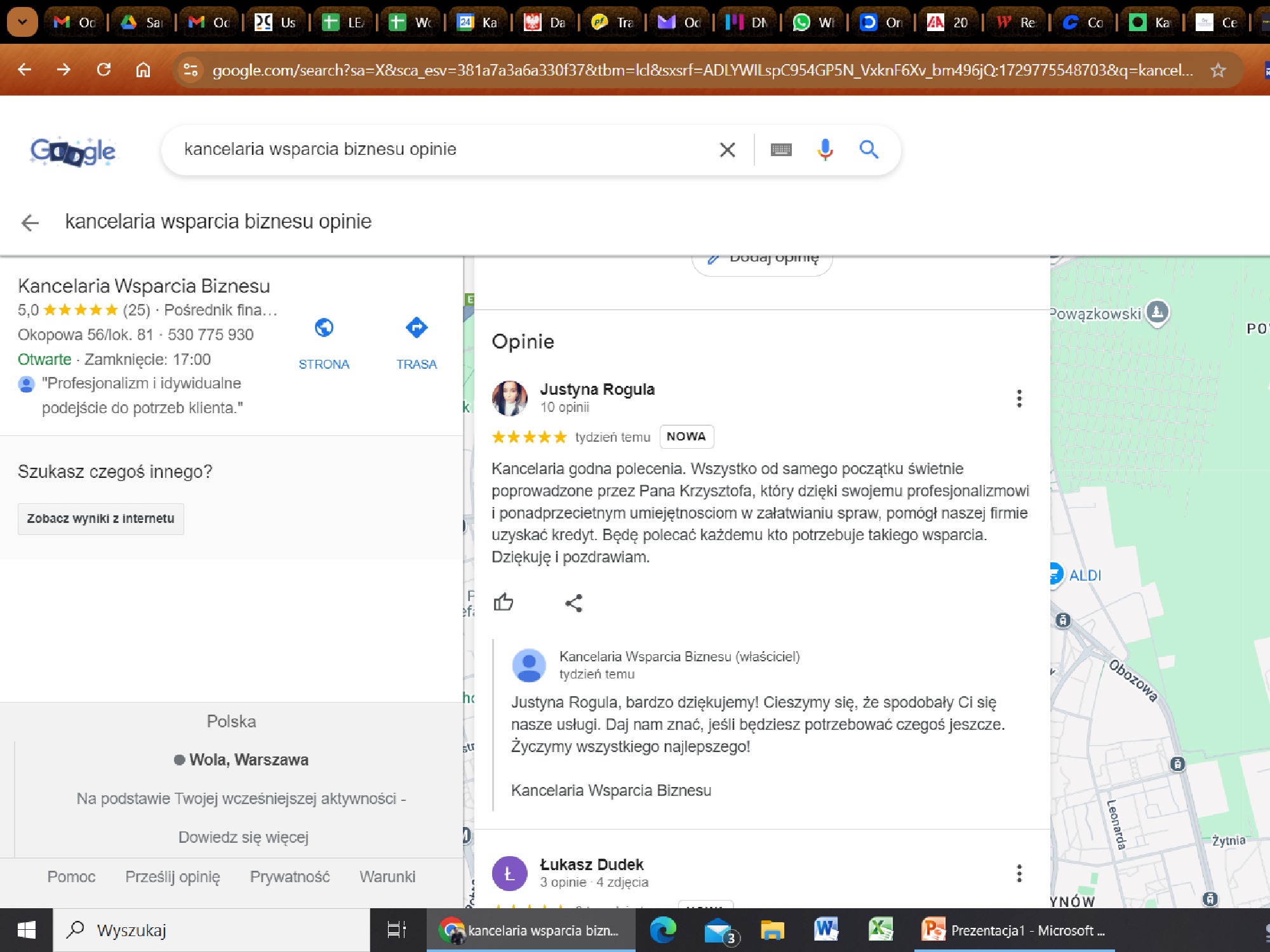 Zrzut ekranu z wynikami wyszukiwania Google dla zapytania 'kancelaria wsparcia biznesu opinie', prezentujący profil firmy 'Kancelaria Wsparcia Biznesu' z oceną 5.0 gwiazdek, adresem, numerem...