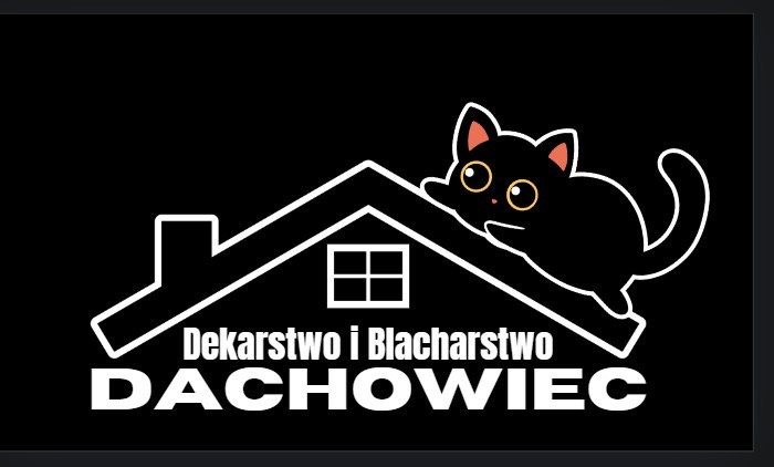 Logo firmy dekarskiej i blacharskiej 'DACHOWIEC' z sylwetką czarnego kota na tle konturu domu z dachem i oknem.