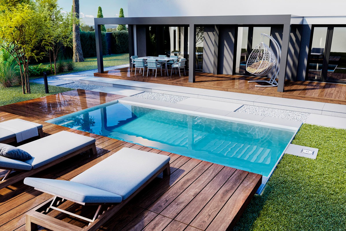 Nowoczesny basen z turkusową wodą otoczony drewnianym tarasem i leżakami, w tle pergola z meblami ogrodowymi i wiszącym fotelem.