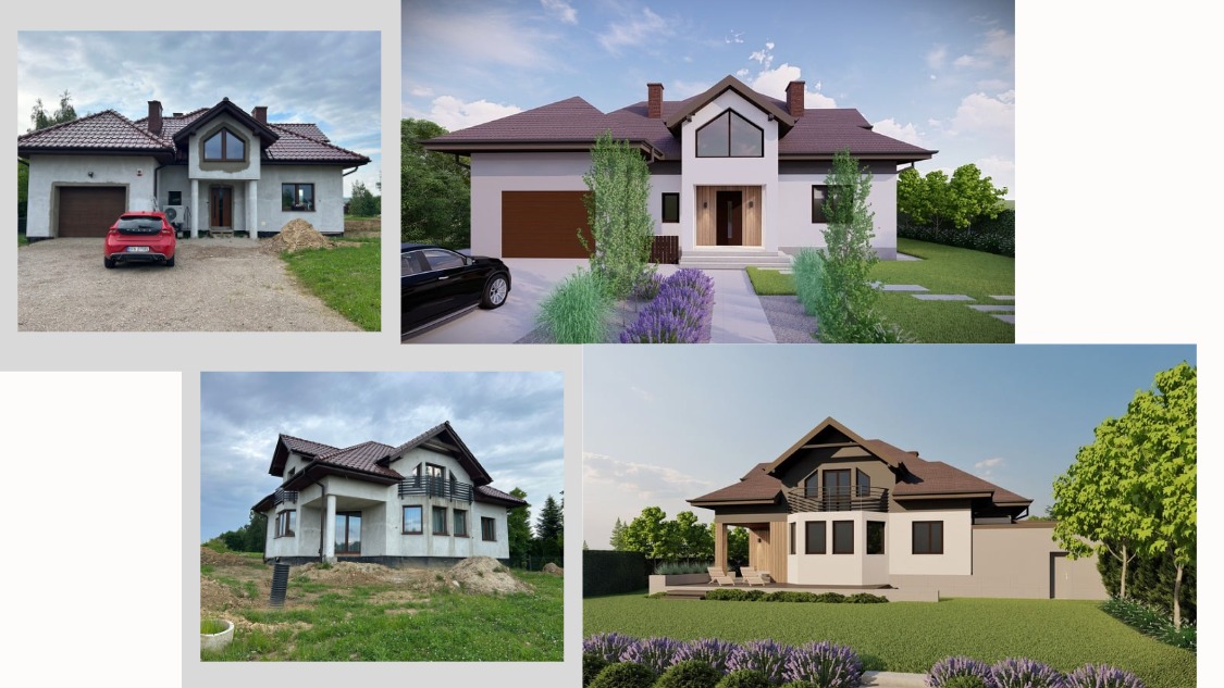 Kolaż przedstawiający dom jednorodzinny w dwóch wersjach: w trakcie budowy (surowy stan) i jako wizualizacja 3D gotowego projektu z zagospodarowaniem terenu.