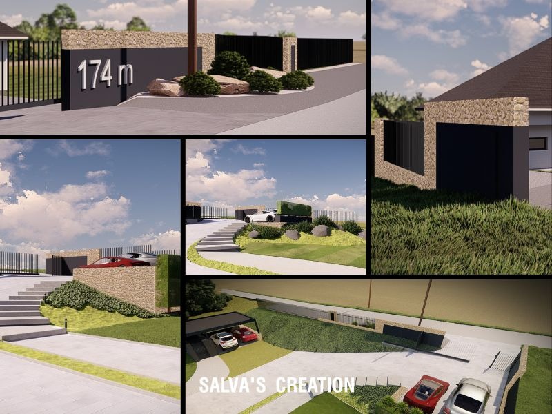 Wizualizacja projektu zagospodarowania terenu: nowoczesna brama z numerem domu '174m', podjazd z kostki, schody prowadzące do domu, minimalistyczna zieleń, carport z dwoma samochodami.