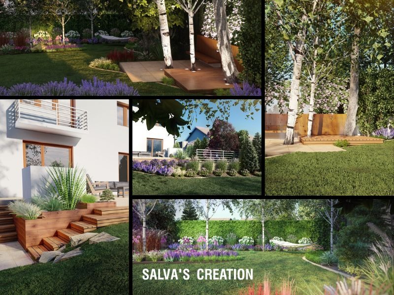 Kolaż wizualizacji ogrodu z elementami architektury: taras z drewnianym podestem wokół drzew, rabaty z lawendą, schody z donicami i balkon.