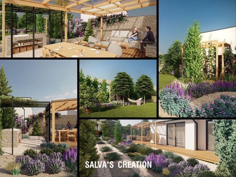 Wizualizacja 3D: Kompilacja ujęć z projektu zagospodarowania przestrzeni ogrodu, obejmująca pergole z zadaszeniem, murowany grill, strefę relaksu z huśtawką, hamak zawieszony między drzewami...