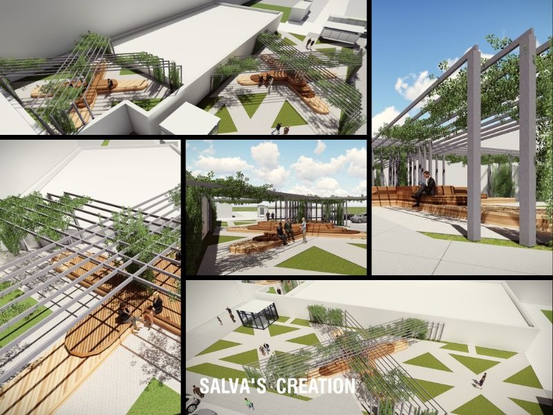 Wizualizacja projektu zagospodarowania przestrzeni publicznej: pergola z roślinnością pnącą, drewniane ławki, trawnik z geometrycznymi nasadzeniami, widoczne osoby.