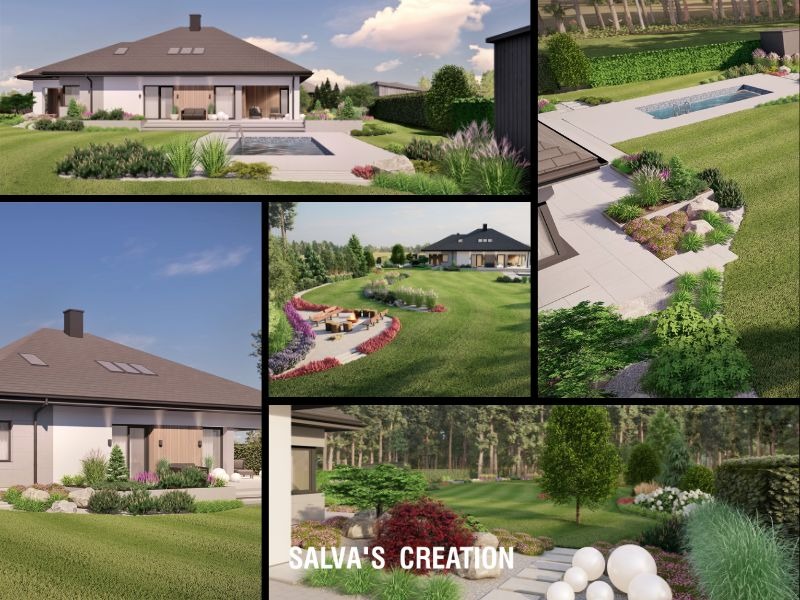 Kolaż wizualizacji ogrodu z nowoczesnym domem jednorodzinnym, obejmujący widok na basen, strefę relaksu z paleniskiem oraz ozdobne nasadzenia z kulistymi lampami.